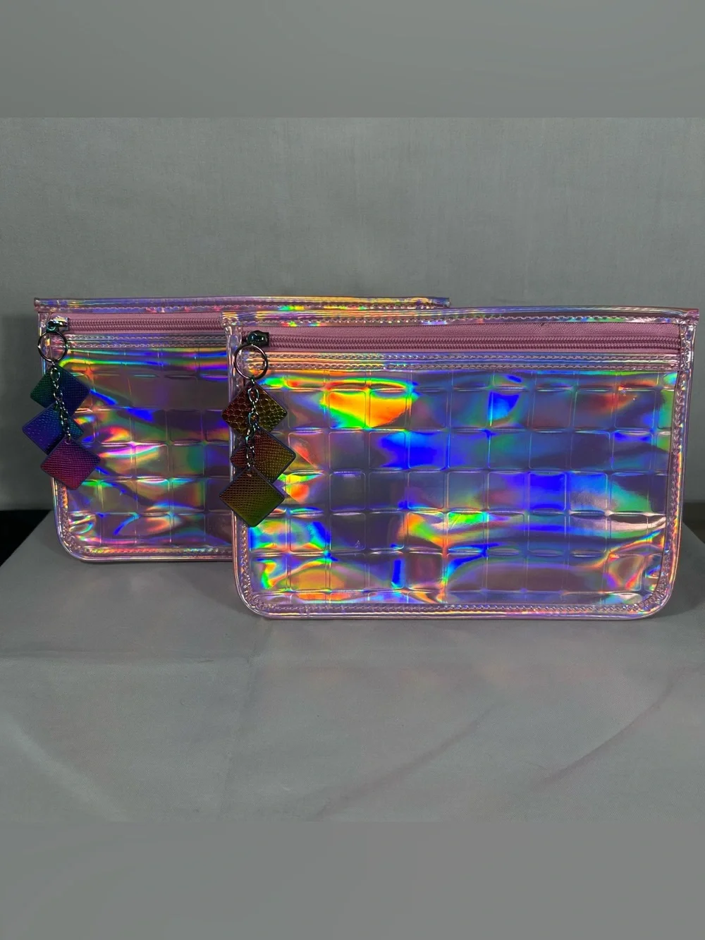Lot Of 2 Holographic Makeup Organizer Bag Cosmetic Pouch Clutch Travel Toiletry